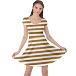 Horizontal Stripes - White and Golden Brown Cap Sleeve Dress