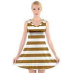 Horizontal Stripes - White and Golden Brown V-Neck Sleeveless Dress