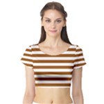 Horizontal Stripes - White and Brown Short Sleeve Crop Top (Tight Fit)