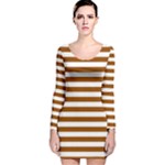 Horizontal Stripes - White and Brown Long Sleeve Velvet Bodycon Dress