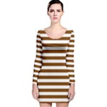 Horizontal Stripes - White and Chocolate Brown Long Sleeve Velvet Bodycon Dress