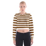 Horizontal Stripes - White and Chocolate Brown Women s Cropped Sweatshirt