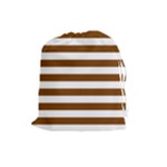 Horizontal Stripes - White and Chocolate Brown Drawstring Pouch (L)