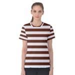 Horizontal Stripes - White and Auburn Brown Women s Cotton Tee