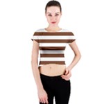 Horizontal Stripes - White and Auburn Brown Crew Neck Crop Top
