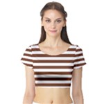 Horizontal Stripes - White and Auburn Brown Short Sleeve Crop Top (Tight Fit)