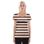Horizontal Stripes - White and Auburn Brown Women s Cap Sleeve Top