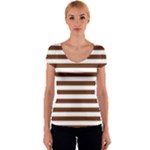 Horizontal Stripes - White and Auburn Brown Women s V-Neck Cap Sleeve Top