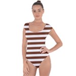 Horizontal Stripes - White and Auburn Brown Short Sleeve Leotard (Ladies)