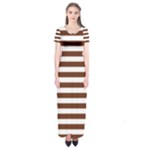 Horizontal Stripes - White and Auburn Brown Short Sleeve Maxi Dress