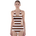 Horizontal Stripes - White and Auburn Brown Cut-Out One Piece Swimsuit