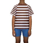 Horizontal Stripes - White and Auburn Brown Kid s Short Sleeve Swimwear