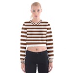 Horizontal Stripes - White and Auburn Brown Women s Cropped Sweatshirt