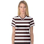 Horizontal Stripes - White and Dark Sienna Brown Women s V-Neck Sport Mesh Tee