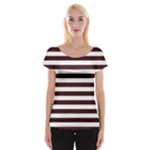Horizontal Stripes - White and Dark Sienna Brown Women s Cap Sleeve Top