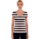Horizontal Stripes - White and Dark Sienna Brown Women s V-Neck Cap Sleeve Top