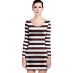 Horizontal Stripes - White and Dark Sienna Brown Long Sleeve Bodycon Dress