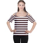 Horizontal Stripes - White and Dark Sienna Brown Women s Cutout Shoulder Tee