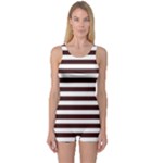 Horizontal Stripes - White and Dark Sienna Brown One Piece Boyleg Swimsuit