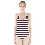 Horizontal Stripes - White and Dark Sienna Brown Women s Halter One Piece Swimsuit