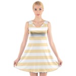 Horizontal Stripes - White and Peach Orange V-Neck Sleeveless Dress