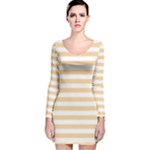 Horizontal Stripes - White and Sunset Orange Long Sleeve Velvet Bodycon Dress