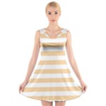 Horizontal Stripes - White and Sunset Orange V-Neck Sleeveless Dress