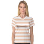 Horizontal Stripes - White and Apricot Orange Women s V-Neck Sport Mesh Tee