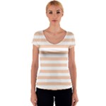 Horizontal Stripes - White and Apricot Orange Women s V-Neck Cap Sleeve Top