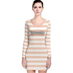 Horizontal Stripes - White and Apricot Orange Long Sleeve Velvet Bodycon Dress