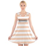 Horizontal Stripes - White and Apricot Orange V-Neck Sleeveless Dress