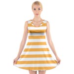Horizontal Stripes - White and Pastel Orange V-Neck Sleeveless Dress