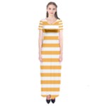 Horizontal Stripes - White and Pastel Orange Short Sleeve Maxi Dress