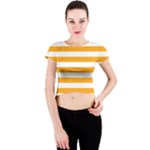 Horizontal Stripes - White and Dark Tangerine Orange Crew Neck Crop Top