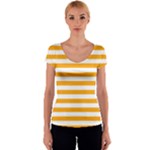 Horizontal Stripes - White and Dark Tangerine Orange Women s V-Neck Cap Sleeve Top