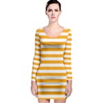 Horizontal Stripes - White and Dark Tangerine Orange Long Sleeve Bodycon Dress