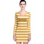 Horizontal Stripes - White and Dark Tangerine Orange Long Sleeve Velvet Bodycon Dress