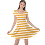 Horizontal Stripes - White and Dark Tangerine Orange Cap Sleeve Dress