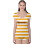 Horizontal Stripes - White and Dark Tangerine Orange Boyleg Leotard (Ladies)