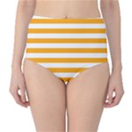 Horizontal Stripes - White and Dark Tangerine Orange High-Waist Bikini Bottoms