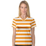 Horizontal Stripes - White and Dark Orange Women s V-Neck Sport Mesh Tee