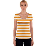 Horizontal Stripes - White and Dark Orange Women s V-Neck Cap Sleeve Top