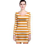 Horizontal Stripes - White and Dark Orange Long Sleeve Bodycon Dress
