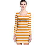 Horizontal Stripes - White and Dark Orange Long Sleeve Velvet Bodycon Dress