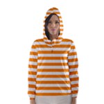 Horizontal Stripes - White and Dark Orange Hooded Wind Breaker (Women)