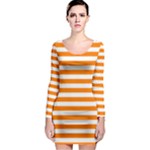 Horizontal Stripes - White and Orange Long Sleeve Bodycon Dress