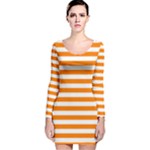 Horizontal Stripes - White and Orange Long Sleeve Velvet Bodycon Dress