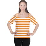 Horizontal Stripes - White and Orange Women s Cutout Shoulder Tee