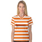 Horizontal Stripes - White and Safety Orange Women s V-Neck Sport Mesh Tee
