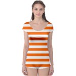 Horizontal Stripes - White and Safety Orange Boyleg Leotard (Ladies)